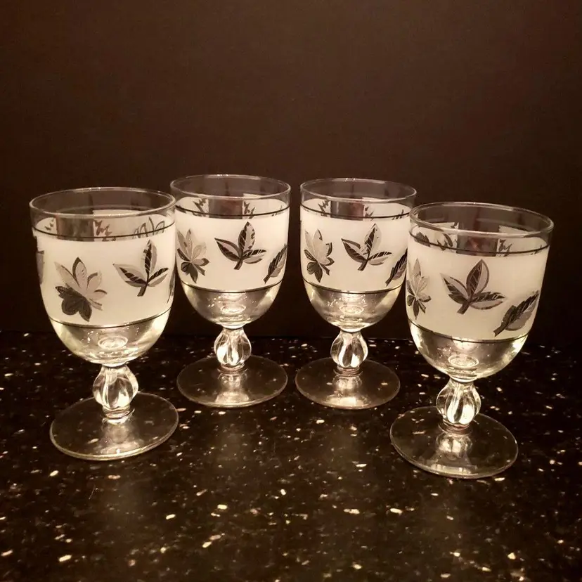 Libbey Frosted Silver Leaf Goblets Glasses Mid Century Modern MCM Vintage Retro Set of 4
