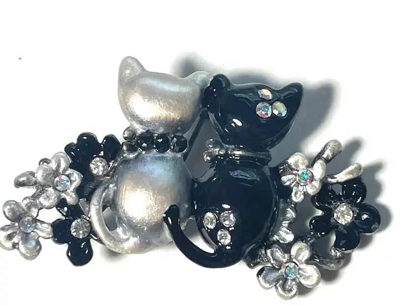 Cat Brooch Pin. Black And Silver. Kitten Buddies.