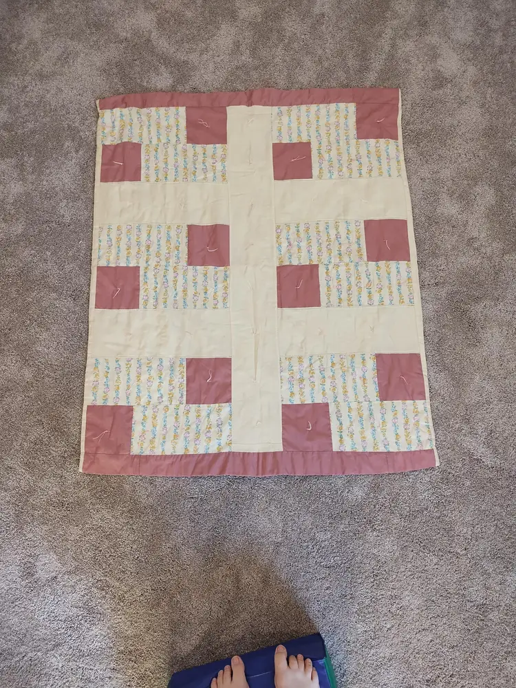 Handmade Quilted Baby Blanket Yellow Pink Floral Blocks Pattern 40x50