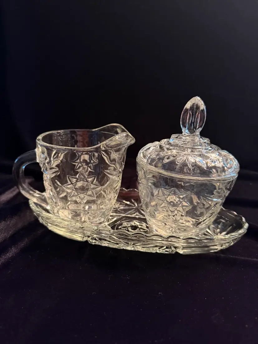Vintage Anchor Hocking "Early American Prescut" (also known as Star of David) glass creamer and sugar bowl set with a tray
