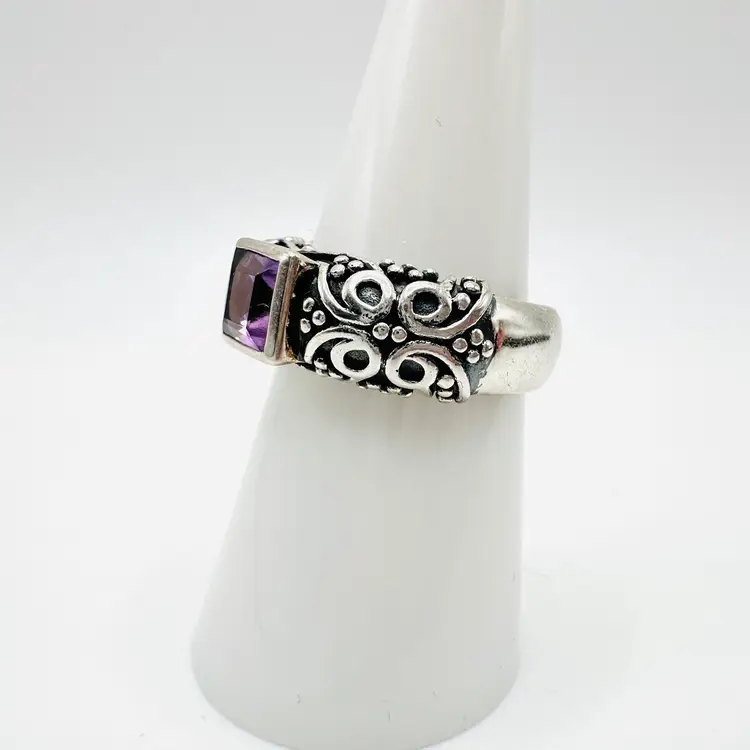 Sterling Silver Bali-style Amethyst Wide Band Ring Size 7.5