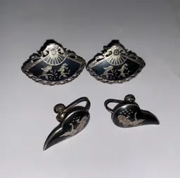 Siam 925 Sterling Silver Niello Dancer 2 Pair Earrings Fan & Teardrop shape