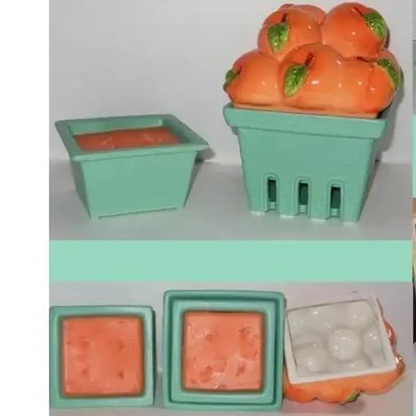 Retro PEACH Ceramic Fruit Basket Holder & 2 Candles NIB, Spring, Farm Market, Cottage Core, HOMEWORX Harry Slatkin