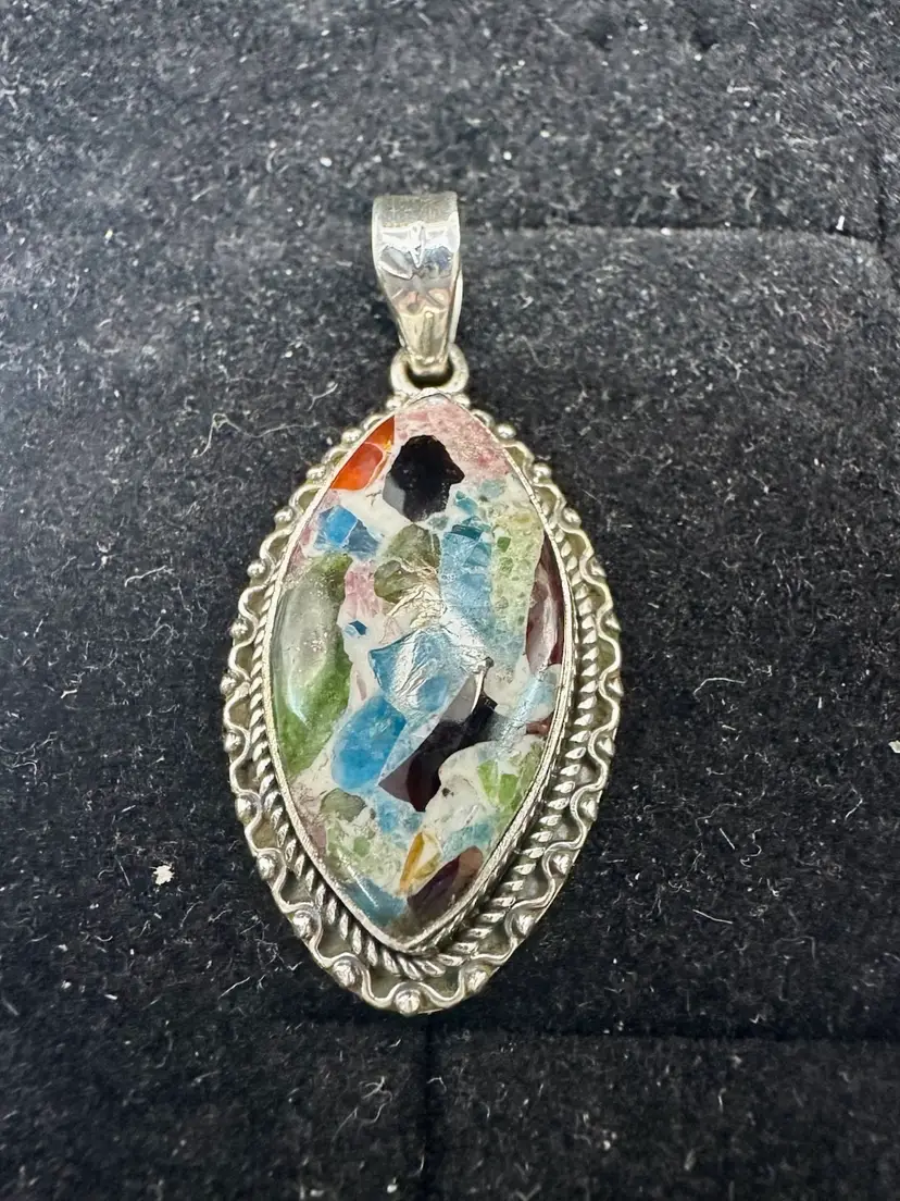 Multi Gemstone Dahlia Turquoise, Spiny Oyster, Lapis Sterling Silver Pendant