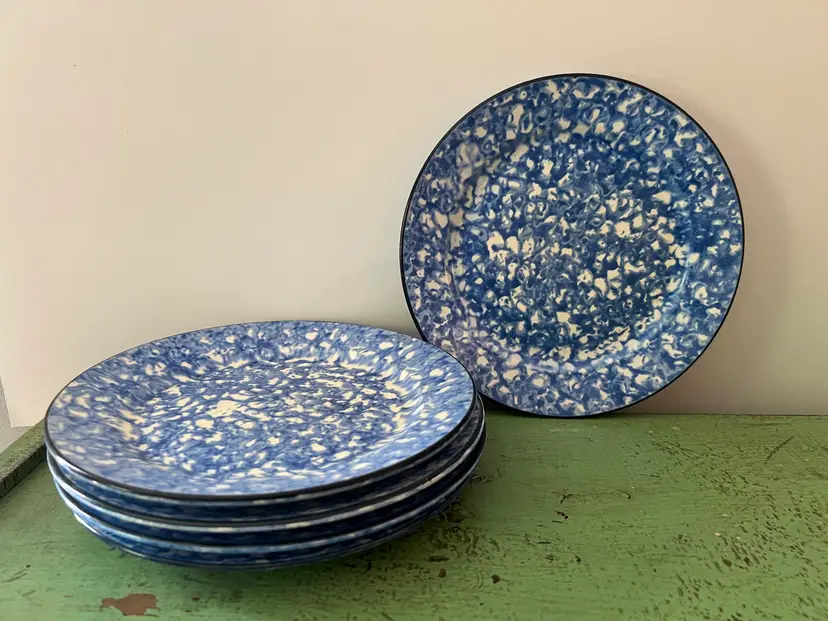 5 Stangl Blue White Spongeware Plates. Pattern: Town And Country 8 3/8" Salad Plates Sponge Ware Farmhouse
