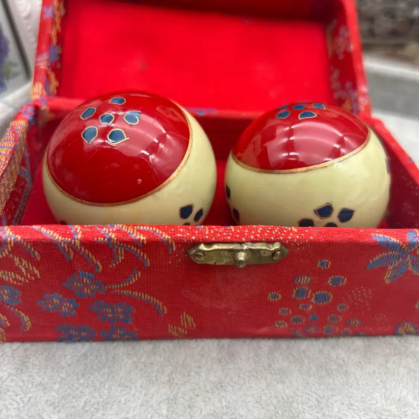 Vintage Chinese Baoding Chime Balls Cloisonné Red Enamel Meditation Stress Balls w Silk Box