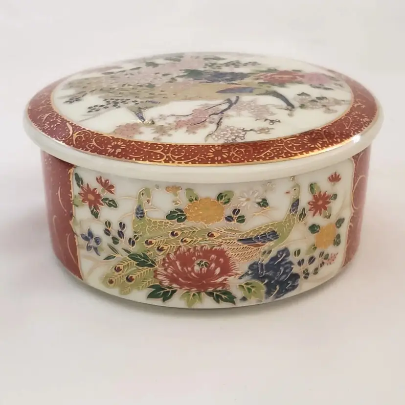 Heritage Satsuma Lidded Trinket Box Peacock Floral Japan 3 1/2" Diameter Vintage