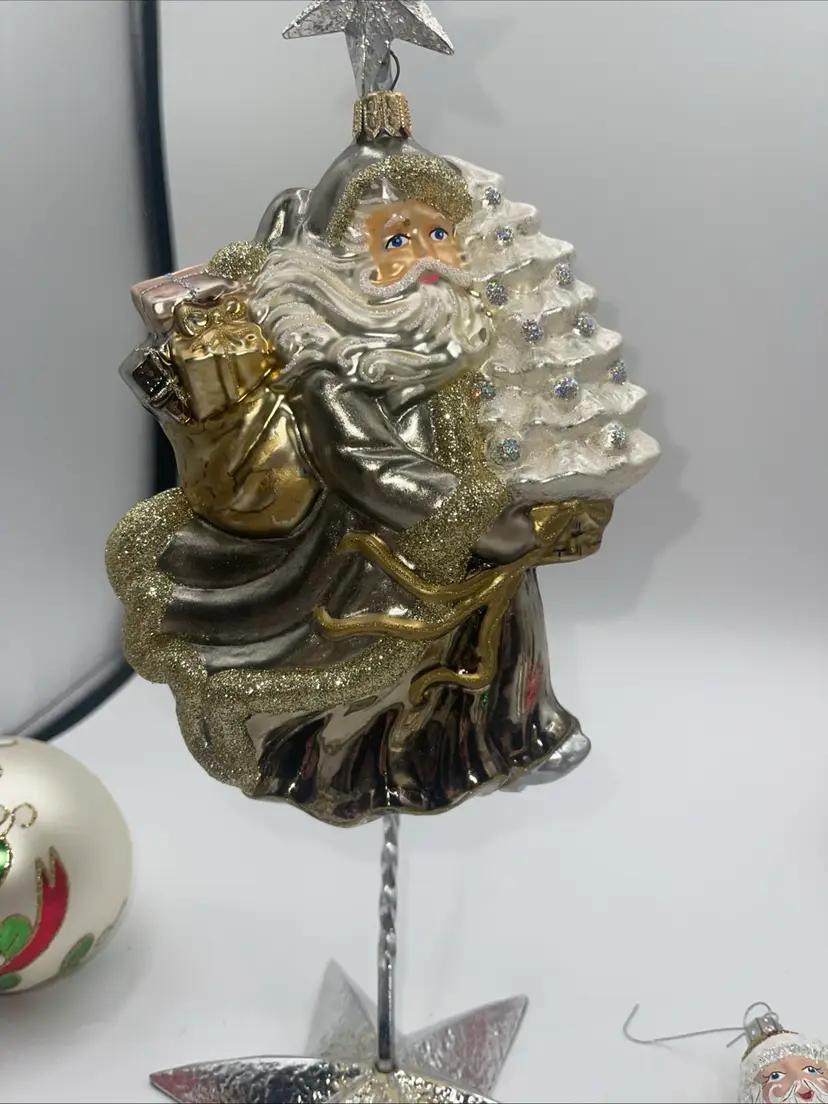 Glass Trimings Christmas Ornament Santa Metallic Silver Gold Tree Gifts Dillards 7”