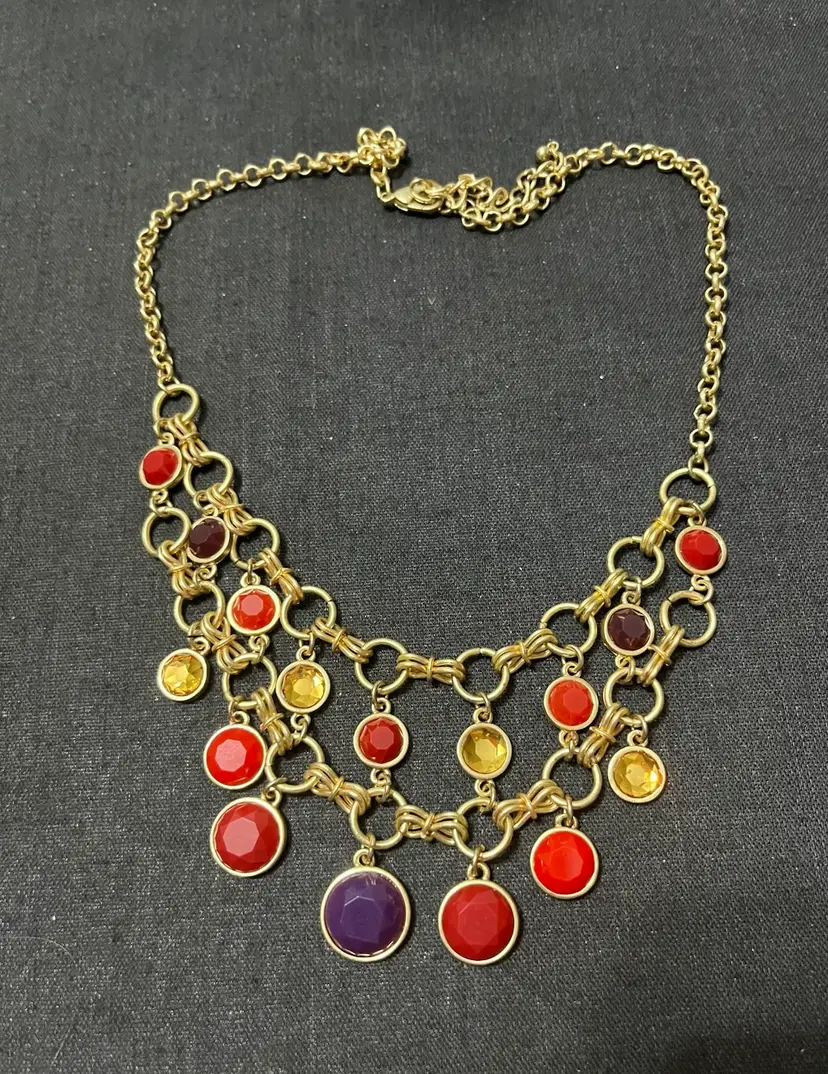 Round Chain Mail Like Purple Yellow Red Accented Bib Necklace 18-21”