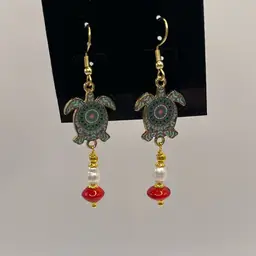 Dangle Enamel Turtle , Fresh Water Pearl & Stone Earrings