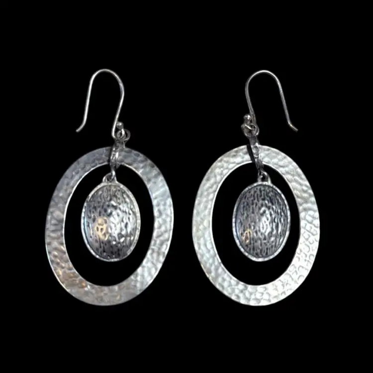 Vintage Sterling Silver Hammered Oval Dangle Earrings 2.50”, 8.1g