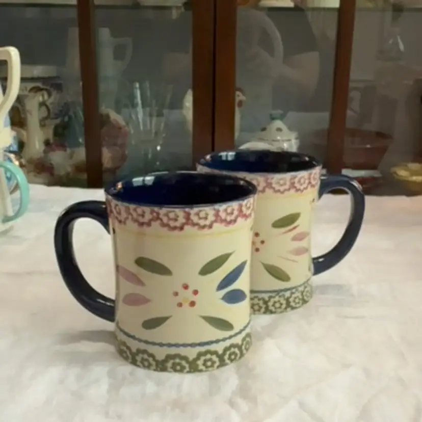 Pair Of Temptations By Tara Old Blue World Hand-Painted Stoneware Mugs