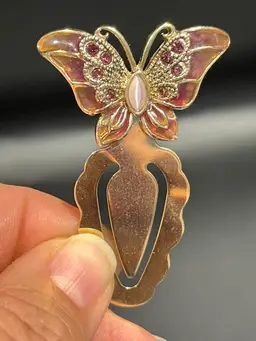 Vintage Butterfly Gold Tone Book Mark- Enamel With 8 Pink Rhinestones, Beautiful Center Stone- 2.25 Long, 1.5” Wide
