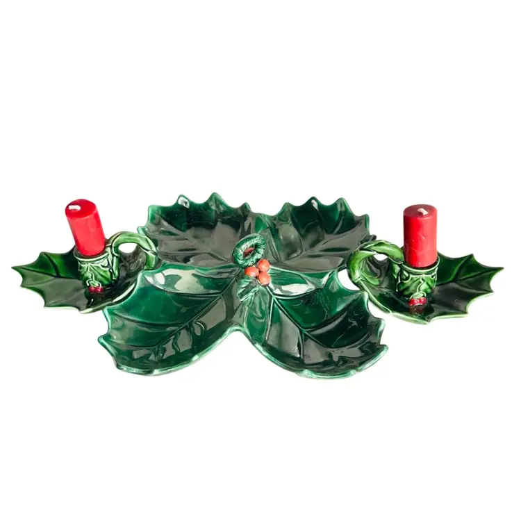 Lefton Holly & BerriesChristmas Console Set 4 Section Appetizer Condiiment Dish 3 1/2” w/handle2 Candlestick Holders