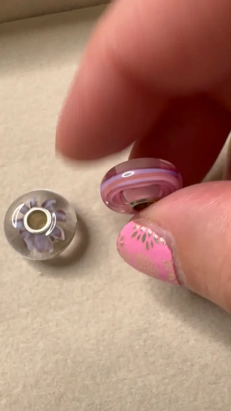 2 Beautiful Trollbead Hand Blown Glass Bracelet Slider Beads.  Tested 925