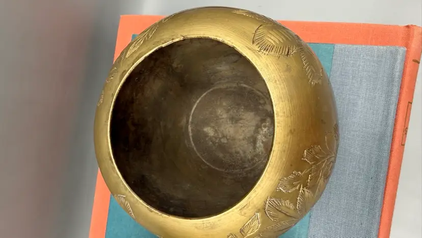 Vintage 1976-J Etched Indian Brass Sphere - Match Striker & Bud Vase 3" x 2.5"