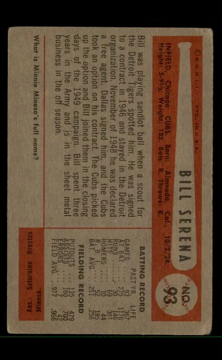 1954 Bowman #93b Bill Serena - (pk-tl3) - Chicago Cubs