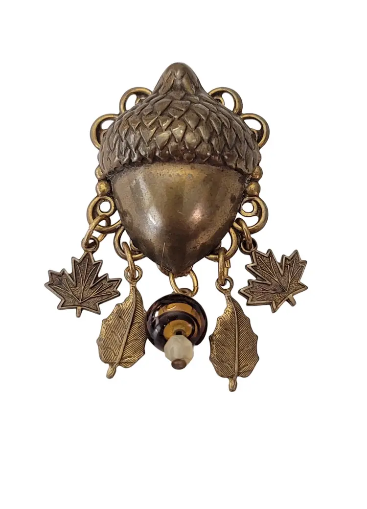 Brassy Gold Tone Acorn Leaf Bead Charm Brooch Pin E674