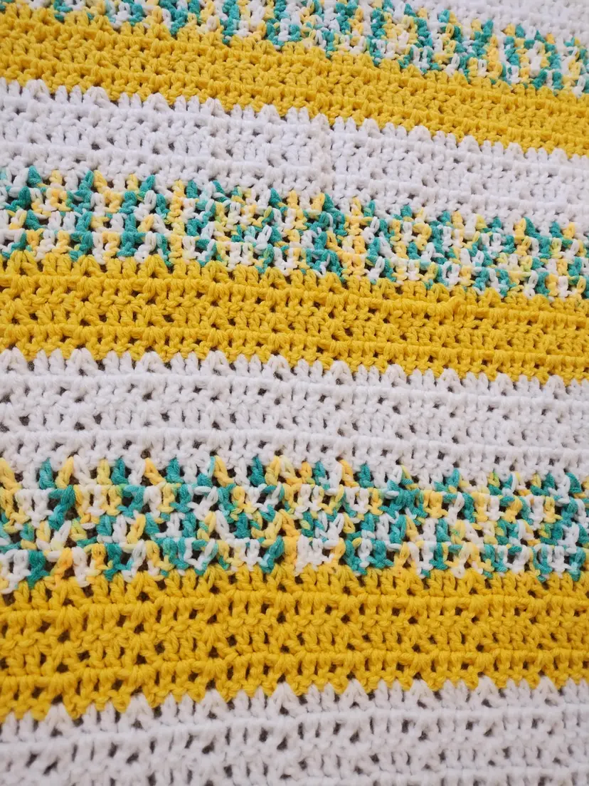 Handmade Crochet Baby Blanket Yellow White Green Striped 33x32