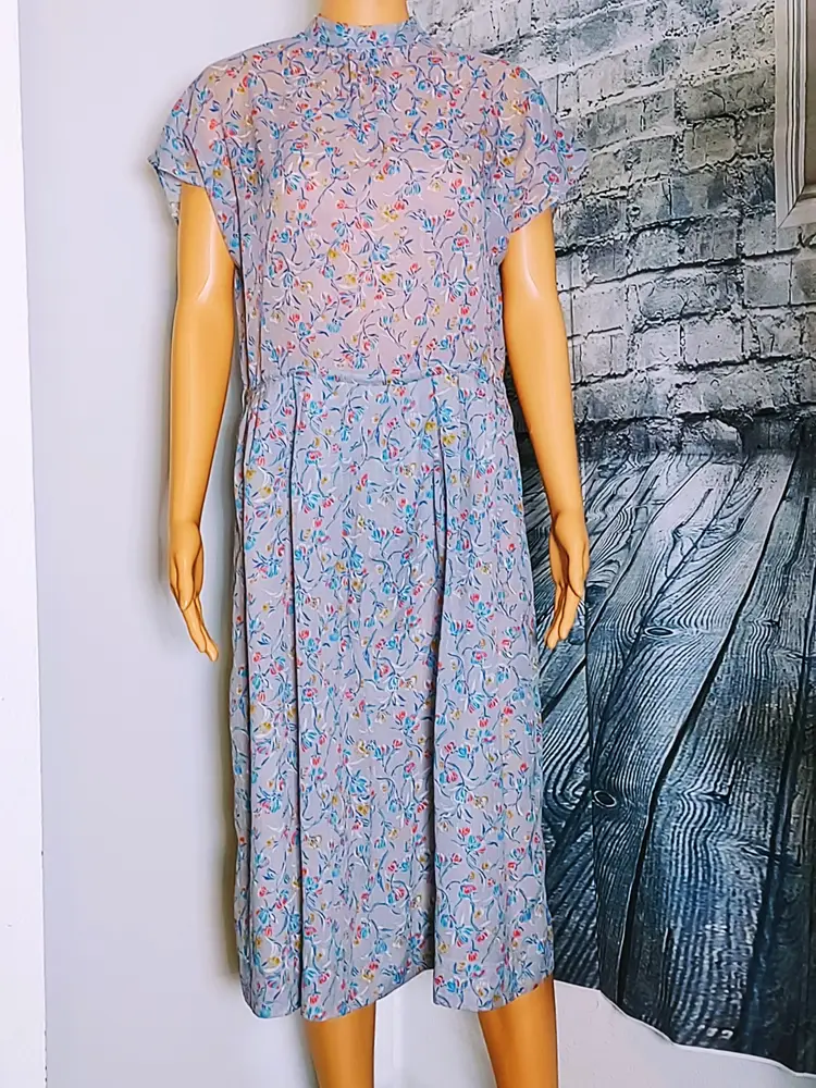 FLORAL FEMININE VINTAGE PERIWINKLE BLUE COTTAGE CORE SHEER DRESS SIZE  11