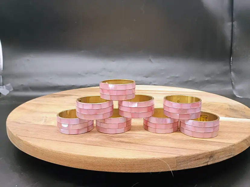 Set of 8  Brass and Pink Capiz Shell Inlay Napkin Rings  made in Philippines.