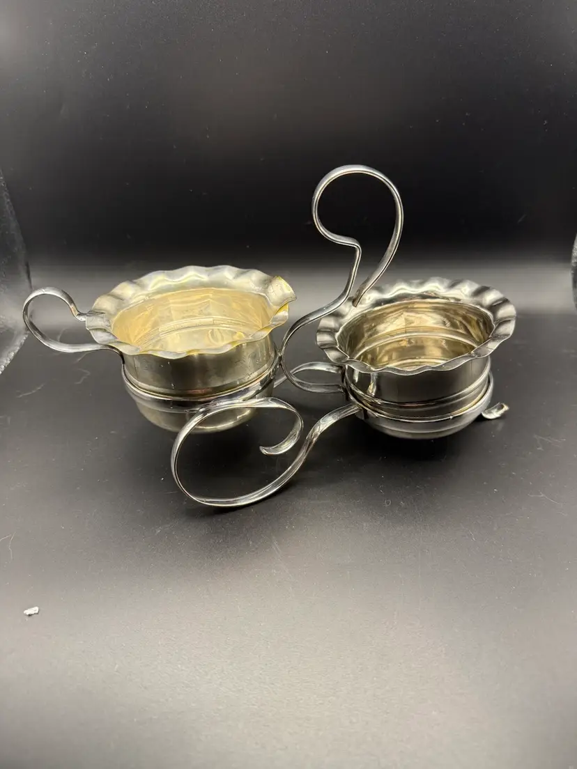 Vintage English Silverplate On Brass Cream And Sugar Set With Caddy