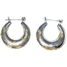 Vintage .925 Sterling Silver Hoop Earrings! With Gold Floral Etching!  Stamped 925 Thailand! Acid TESTED! #8