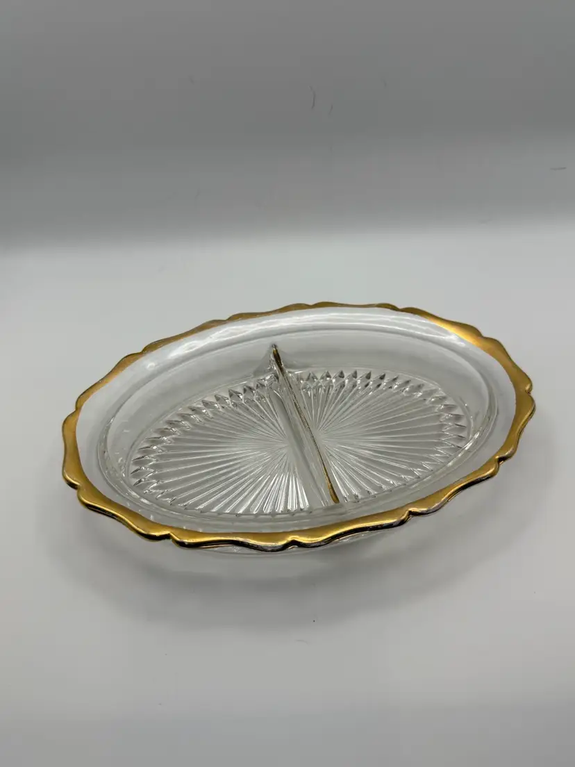 Jeannette Glass Oval Divided Relish Dish with Gold Trim and Starburst Pattern - 8 in - UV Glow