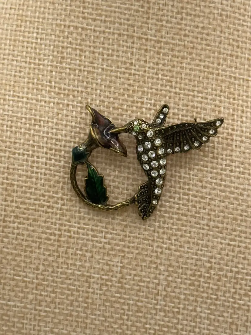 Vintage Antiqued Bronze Hummingbird Brooch W/ Rhinestone & Enamel Details
