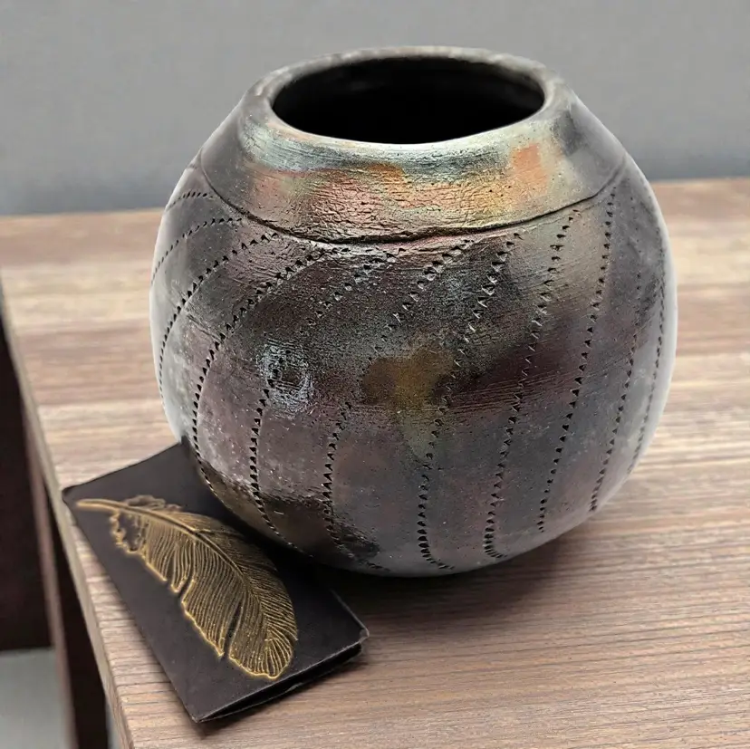 Raku Art Pottery Brown and Gray Metallic Bulbous Vase Signed RR