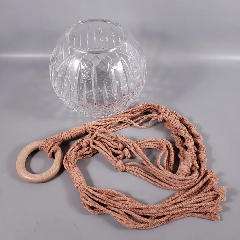 Bohemian Style MACRAME Plant Hanger Clear CRYSTAL ROSE BOWL SET
