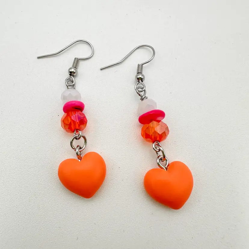 Valentine's Day Heart Earrings Orange with Pink Accent Handmade
