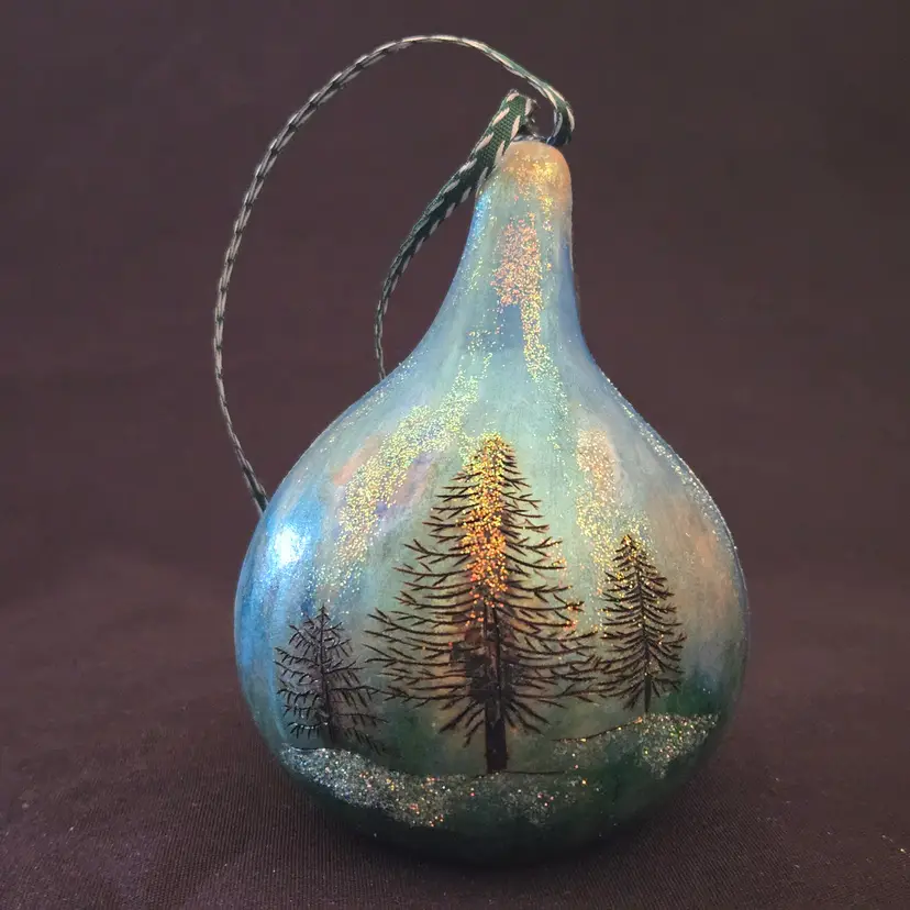 Folk Art Ornamental Gourd Winter Scene with Glitter Signed Hand painted 3⅝" Vintage