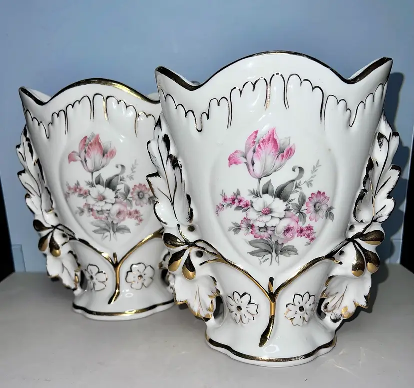 Vintage Pair French Wedding Style Floral Spray Porcelain Vases Cottage Decor