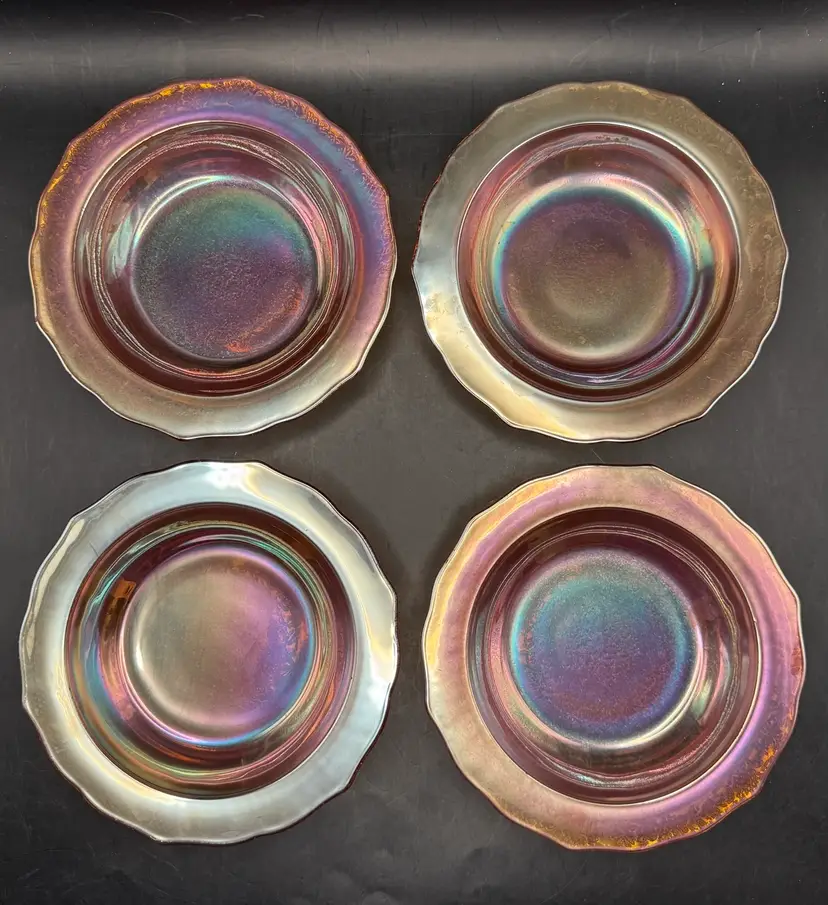 Vintage Federal Glass Co. Normandie “Bouquet & Lattice” Marigold Iridescent Carnival Glass Bowl Set 6.5”