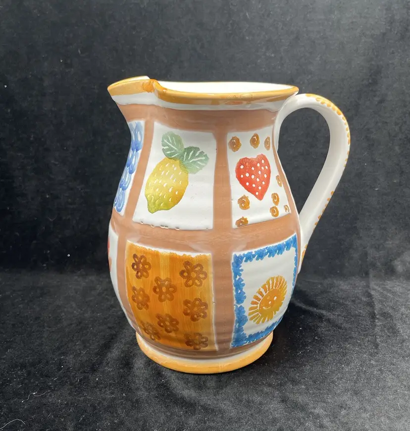 Italian Pottery Vase Fruit Strawberry Flowers Sunlight Colorful Pitcher