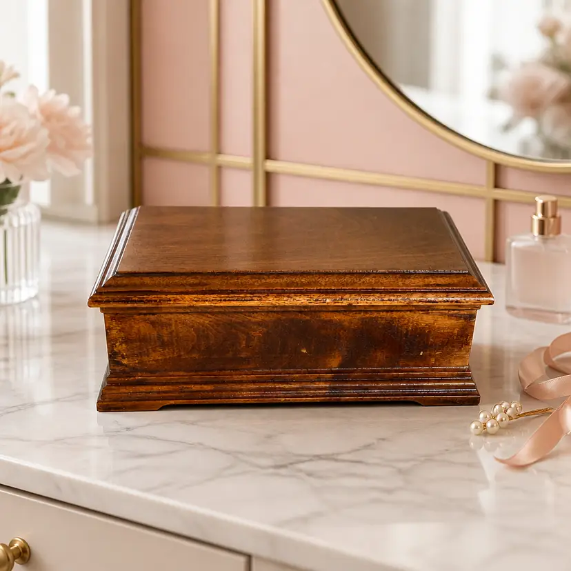 Wood Jewelry Box with Red Lining