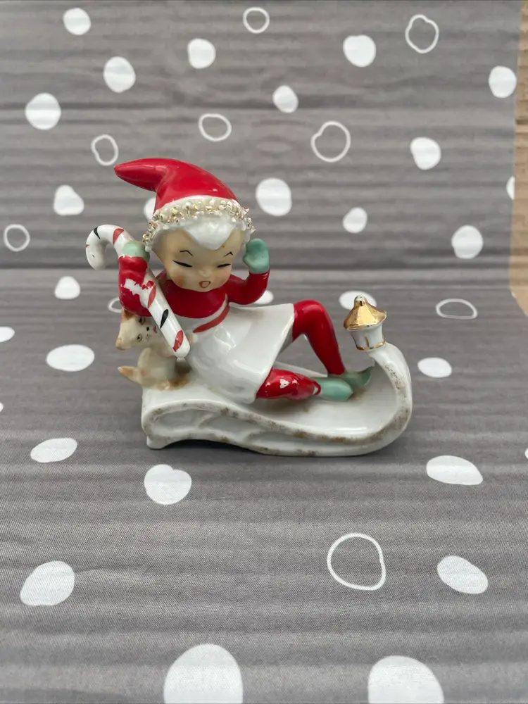 Ucago Spaghetti Pixie Elf On Sled W/ Kitty Cat & Candy Cane
