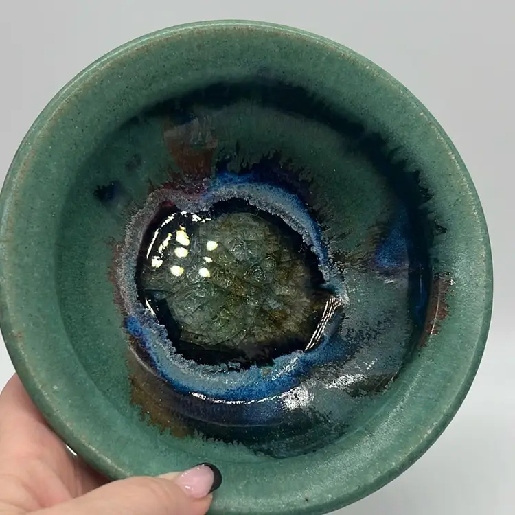 #01 Stoneware Bowl w Crackle Glass Green, Signed 6.25”