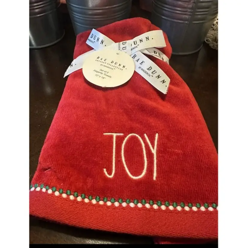 Rae Dunn By Magenta Set of 2 Fingertip Christmas Holiday Red Towels Joy NWTs