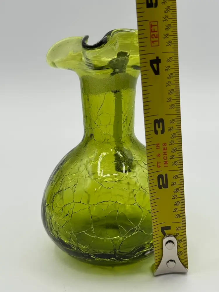 Vintage Green Hand Blown Crackle Art Glass Small Pitcher