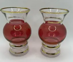 Vintage Bartlett Collins Bud Vases (2) Cranberry Ruby Red Flash Glass Gold Trim