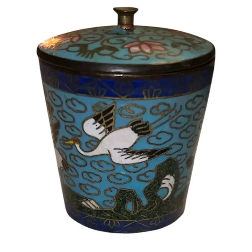 Vintage Chinese Cloissone Crane Trinket Jar Signed 2”