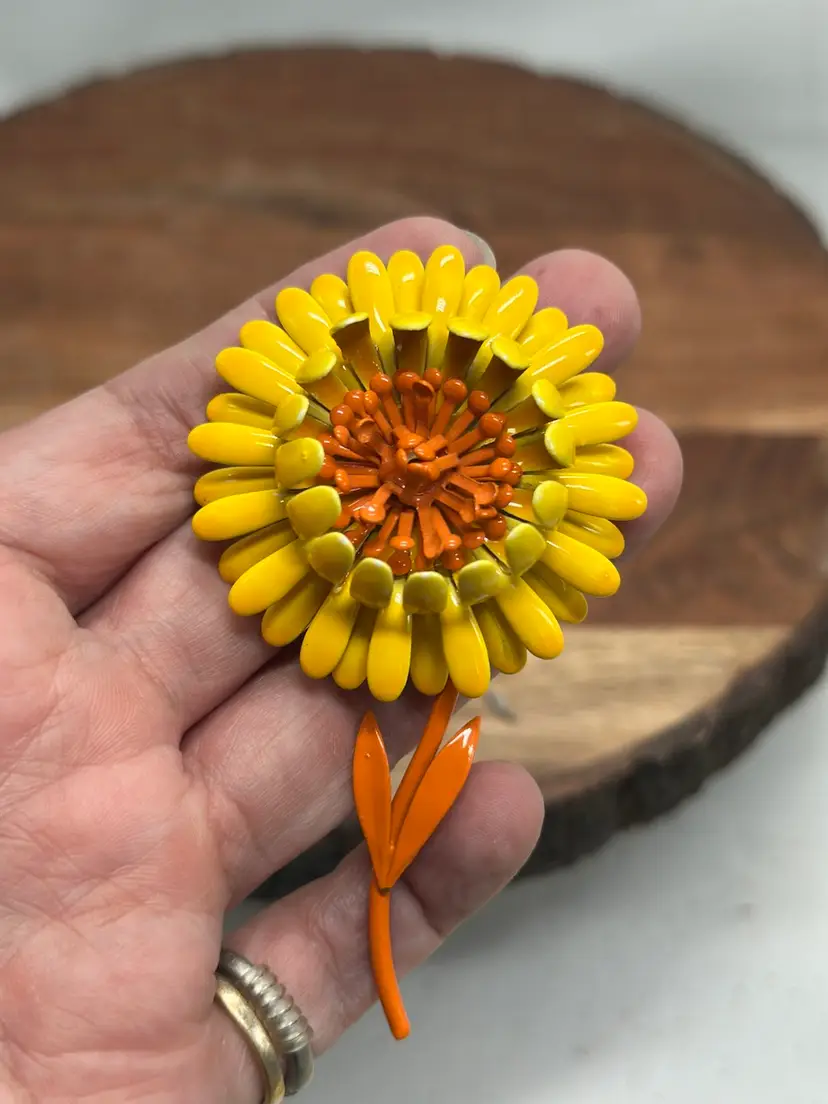 Vintage Yellow Orange Daisy Metal Enamel Flower Pin Brooch 70s Vibe Flower Power