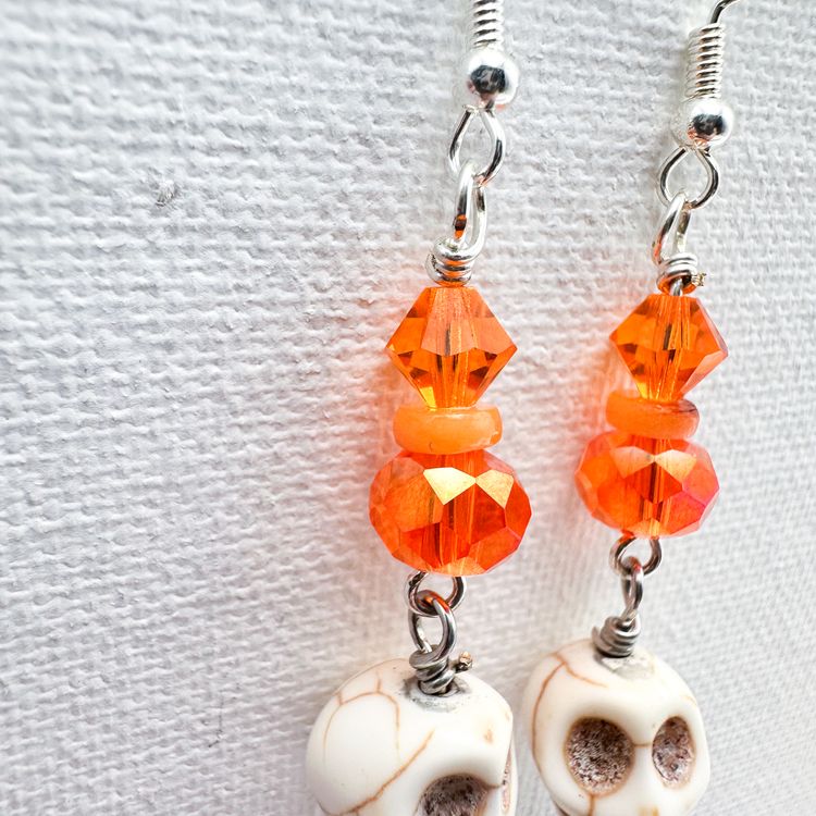 Skull Earrings Handmade Pierced Orange Faceted Bead Accents Silver Tone 2"L