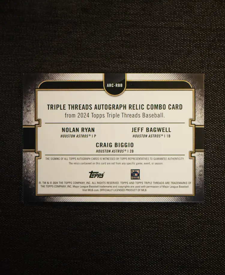 Nolan Ryan + Jeff Bagwell + Craig Biggio: 2024 Topps Triple Threads - Triple Autograph & Patch Relic - Green Refractor -5/18 / #ARC-RBB