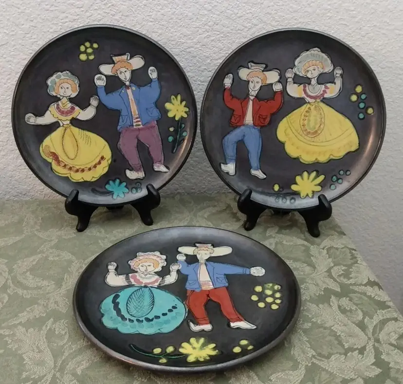 French Art Pottery Cerenne Vallauris 3 Plates Valberg Folk Dancing MCM 9"