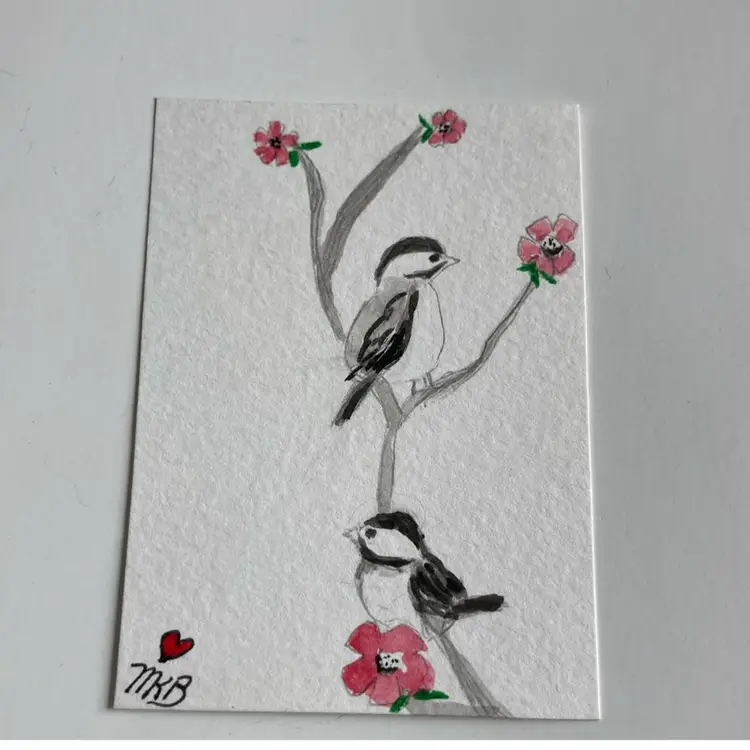Signed by Artist! Chickadees Hand Painted Miniature Artwork 2 1/2” wide by 3” tall! Includes a mini wood art easel for display!