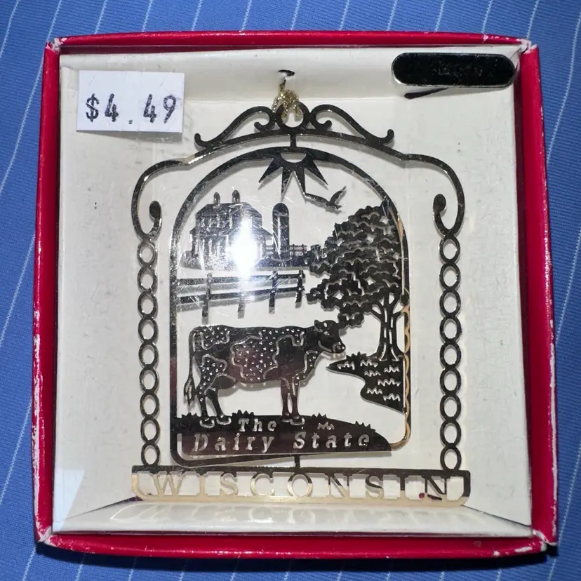 NOS In Box Unused Vintage Nation’s Treasures Genuine 24K Gold Flashed Brass Ornament Wisconsin