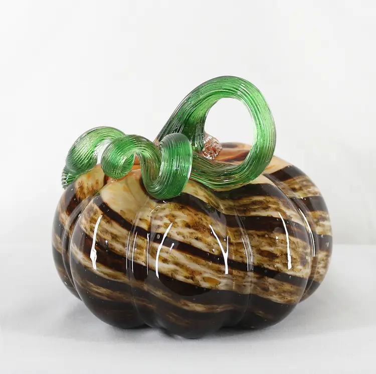 Art Glass Pumpkin Paperweight with Coiled Stem Hand-Blown (A)